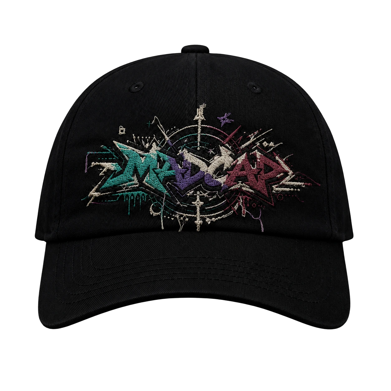 The same MADCAP graffiti design as it actually comes out of a basic embroidery machine: gradients collapsed into ugly bands, frayed edges, broken stitches, missing detail. The version that arrives in the mail.