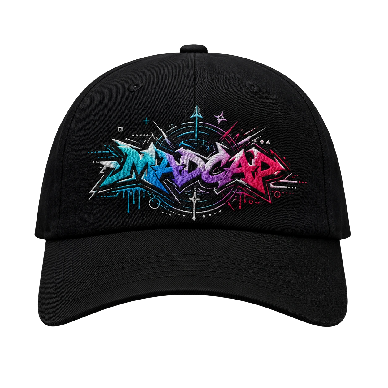 AI tool's polished embroidery preview: MADCAP wildstyle graffiti in cyan-pink gradient with crisp details, rendered on a black Dad Hat. The version that closes the sale.